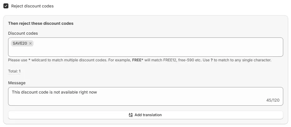 Action Example Reject Discount Codes